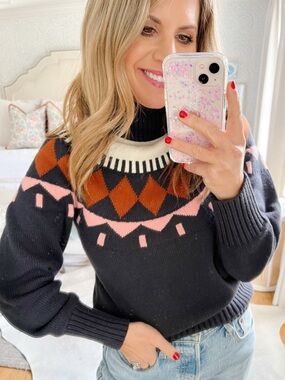 Cotton Wool Knit Fair Isle Navy Blue and Brown Turtleneck Sweater Ski Small